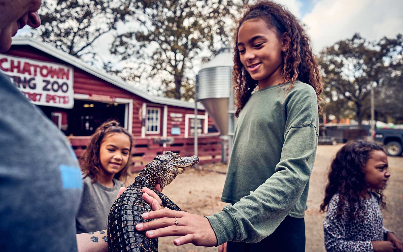 Hochatown animal rescue petting zoo where you can pet alligators and skunks and other furry and scaly friends.