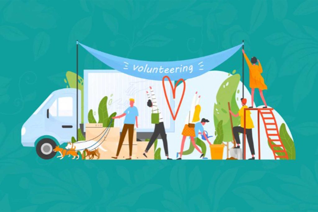 Colorful graphic depicting ways to volunteer for Dragonfly Human Trafficking Victim Services