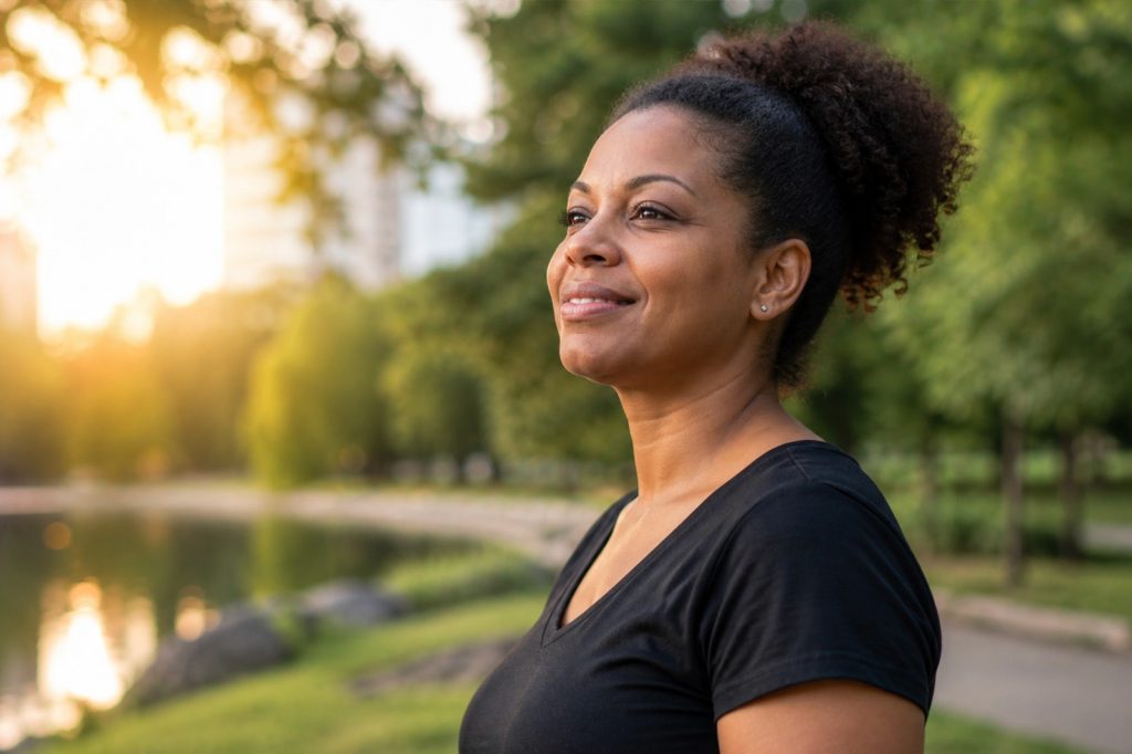 A woman looks out across a pond
